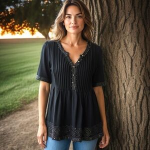 Vtg Knitted Knotted Babydoll Sweater XS Whimsigoth Black Beaded Linen Blend Y2K